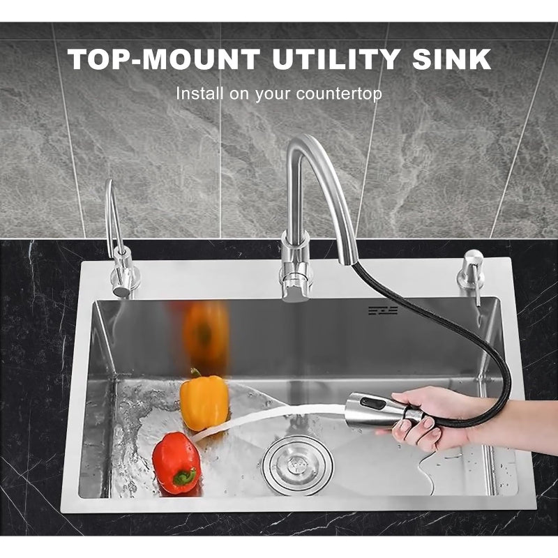 27x18 inches Handmade Kitchen Sink in Stainless Steel 6845 | Single Bowl | Drain + Rinse Basket