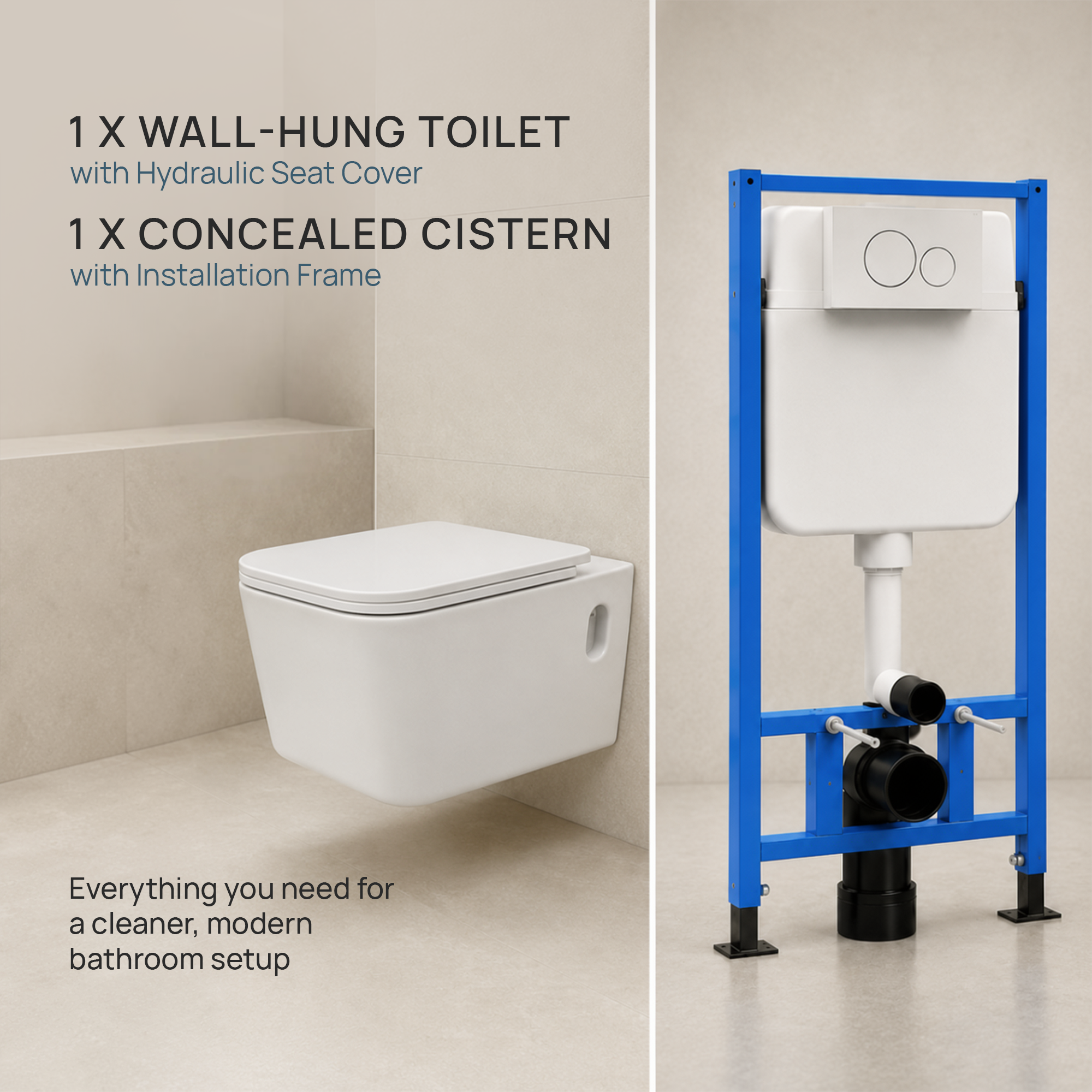 Wall Hang Commode (Rimless) with Hydraulic Seat Cover and Concealed Cistern