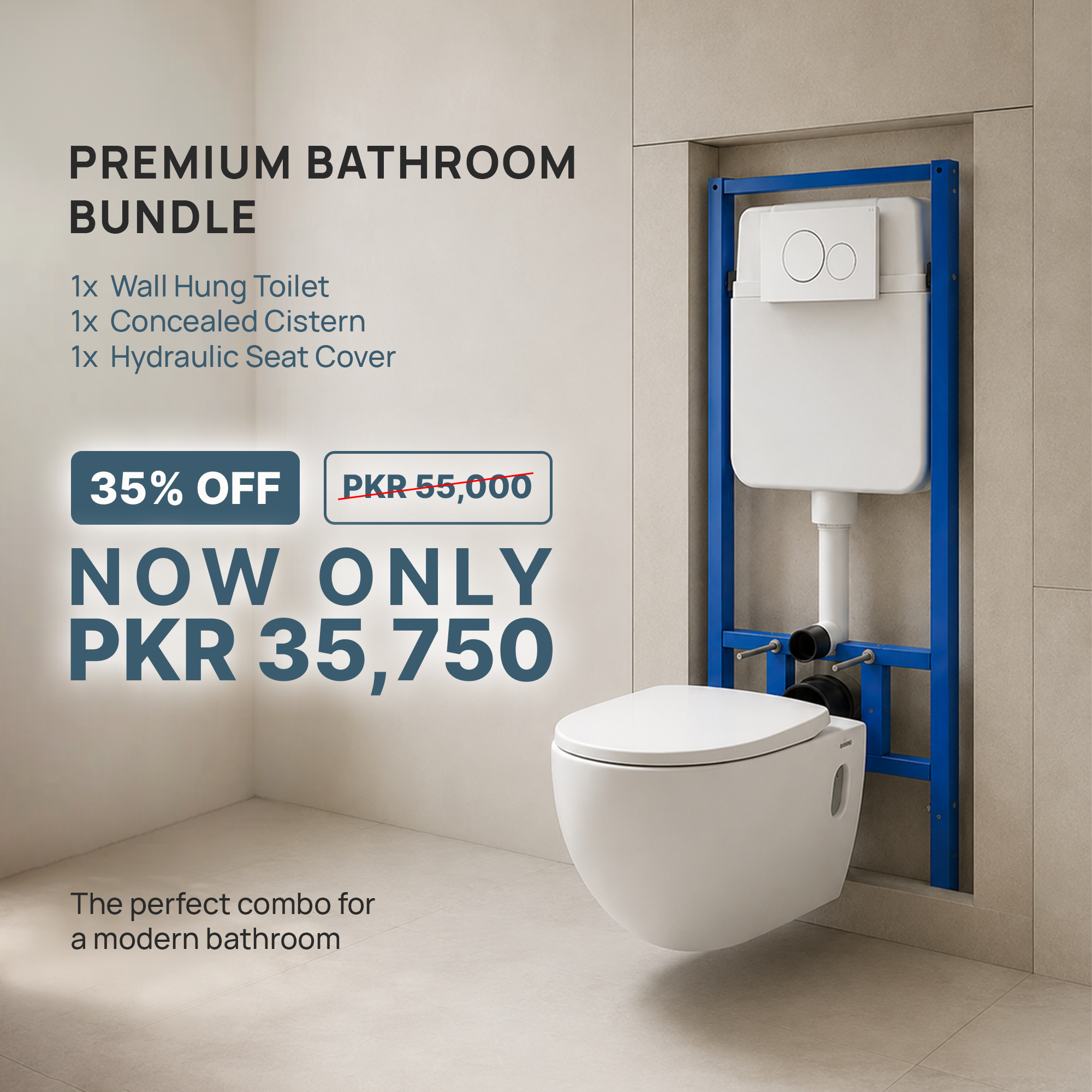 Wall Hang Commode (Rimless) with Hydraulic Seat Cover and Concealed Cistern