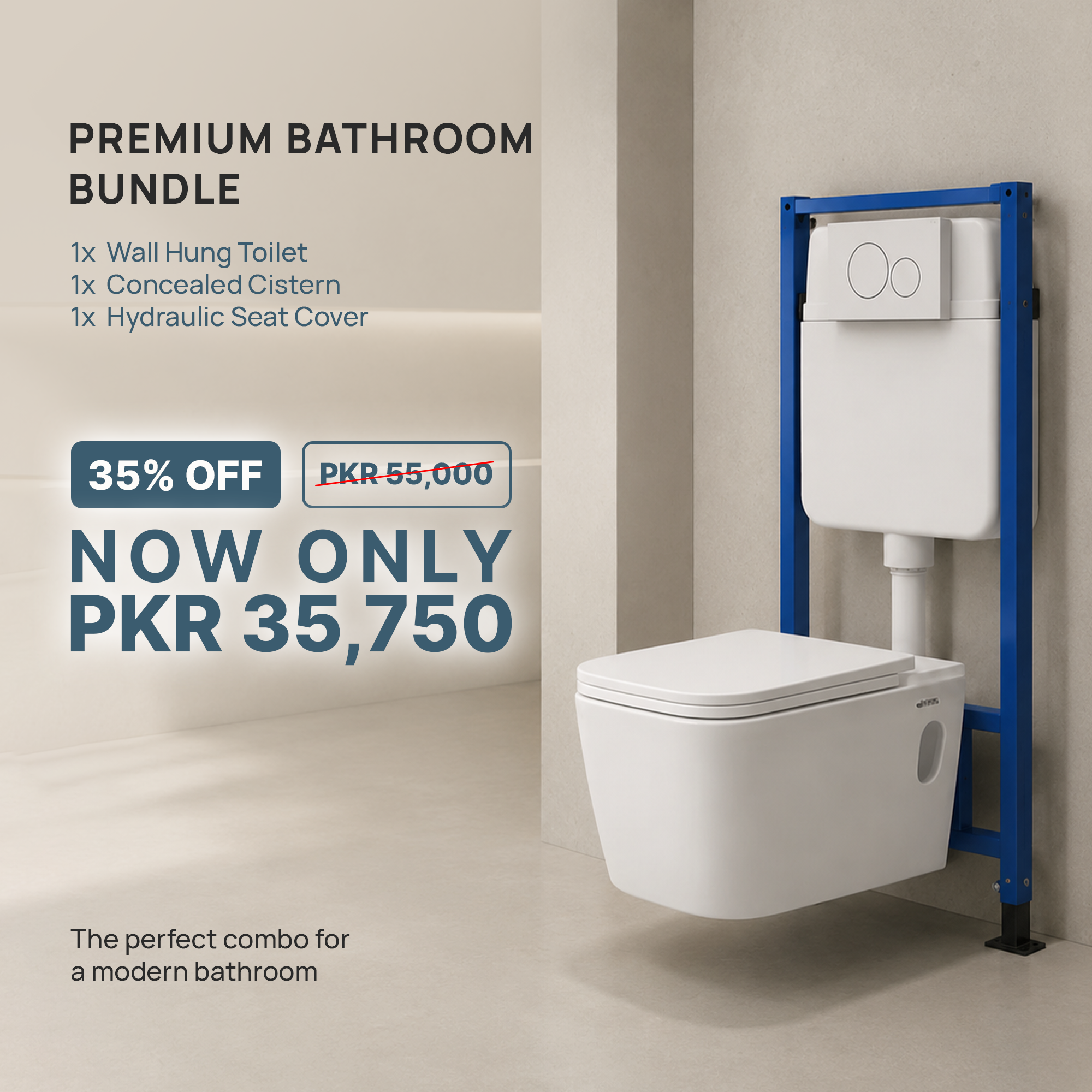 Wall Hang Commode (Rimless) with Hydraulic Seat Cover and Concealed Cistern