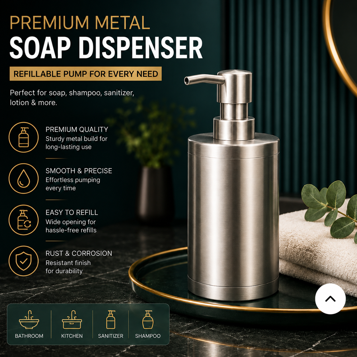 Premium Quality Metal Soap, shampoo and sanitizer dispenser