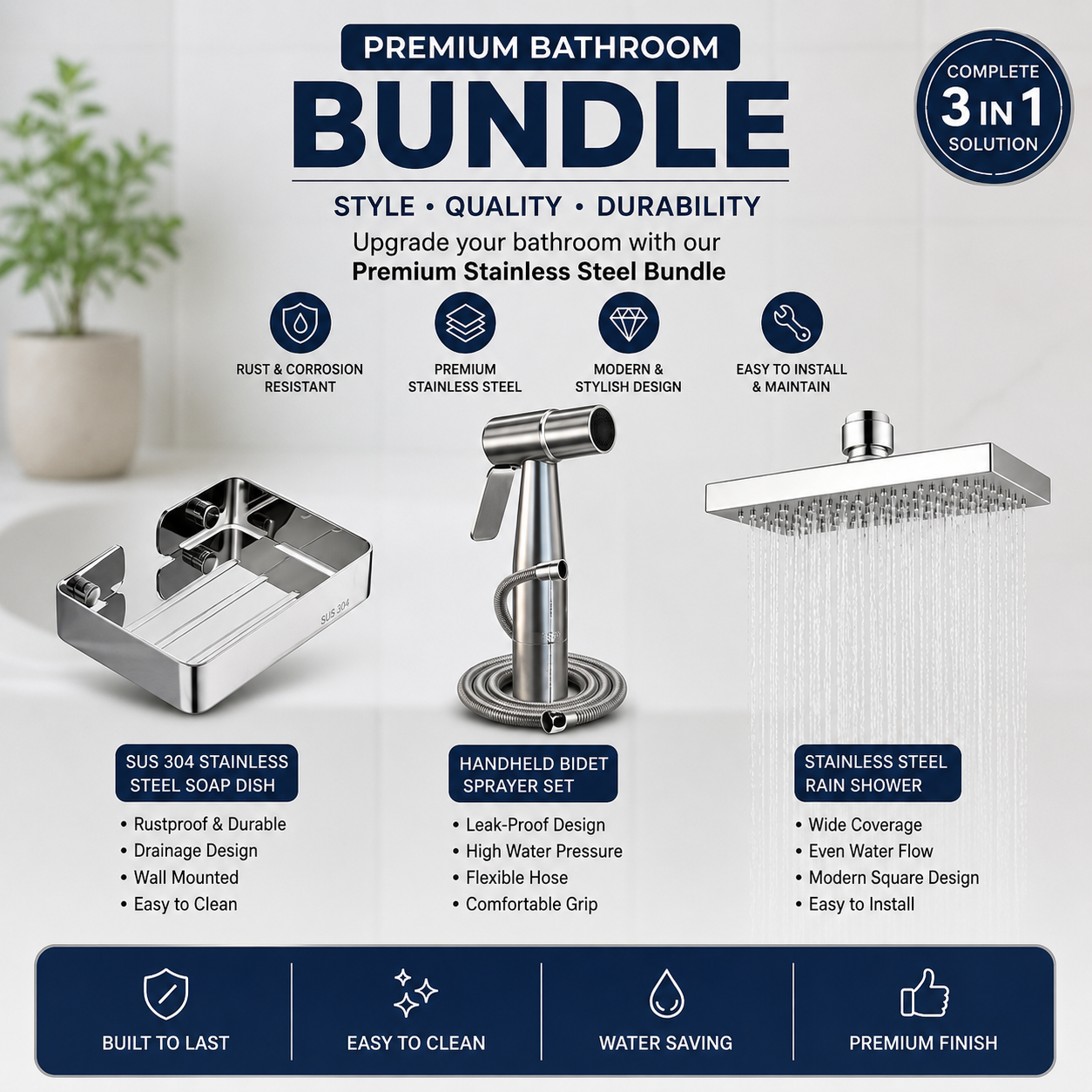 Mega Bath Combo - Muslim Shower set-overhead rain shower & stainless steel soap dish