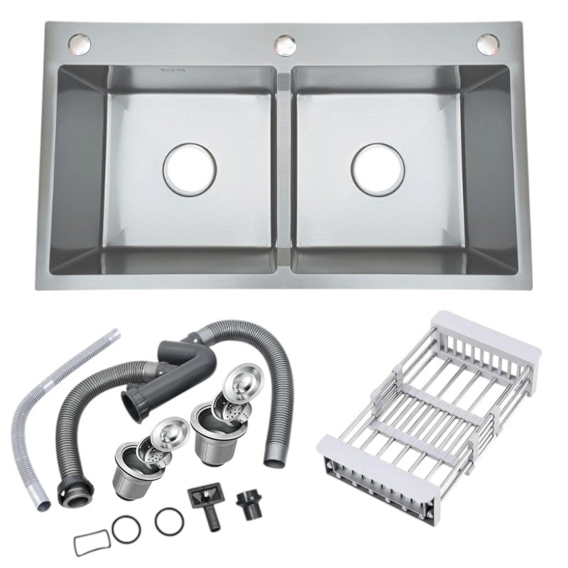 31x17 inches Handmade Kitchen Sink in Stainless Steel 7843 | Double Bowl | Drains + Rinse Basket