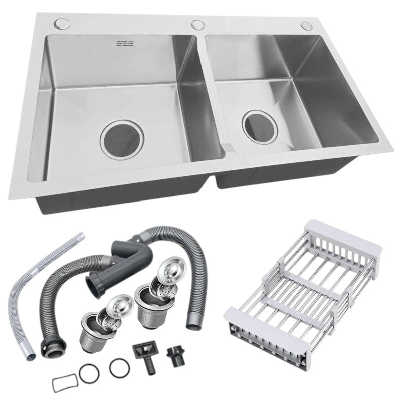 32x18 inches Handmade Kitchen Sink in Stainless Steel 8245 | Double Bowl | Drains + Rinse Basket