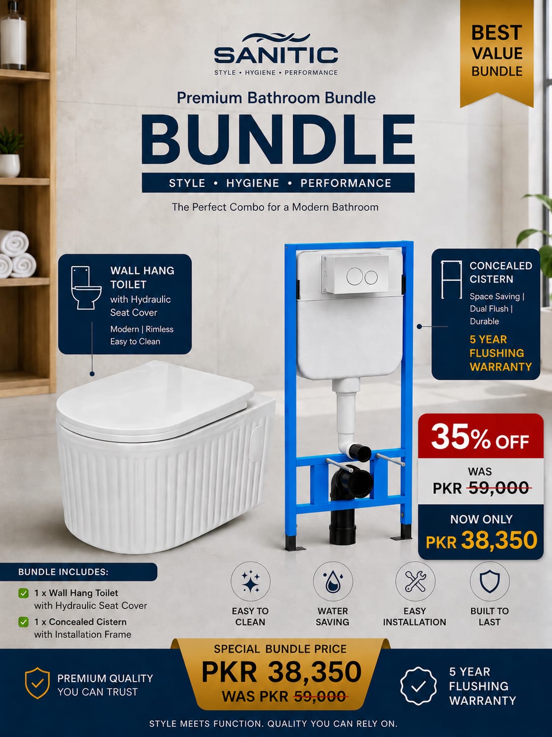 Wall Hang Commode (Rimless) with Seat Cover and Concealed Cistern