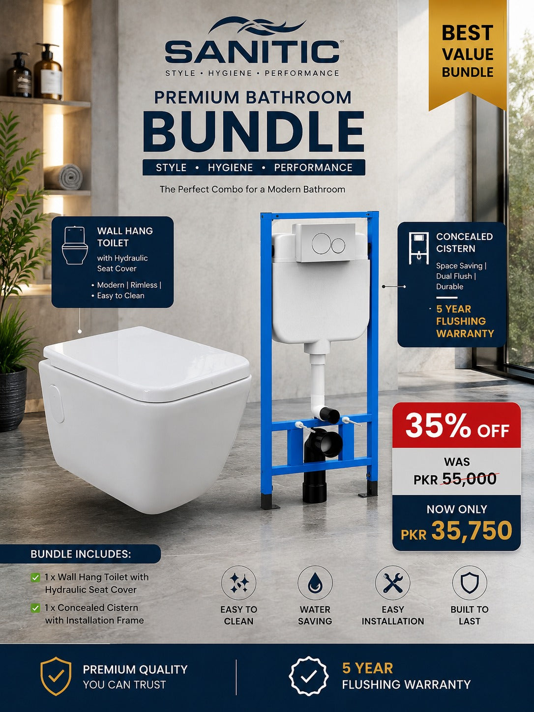 Wall Hang Commode (Rimless) with Hydraulic Seat Cover and Concealed Cistern