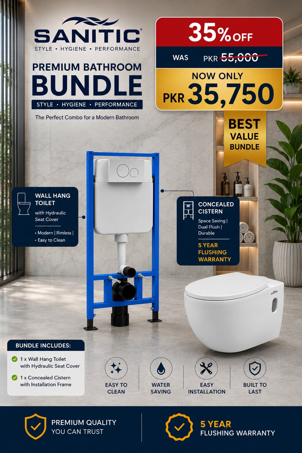 Wall Hang Commode (Rimless) with Hydraulic Seat Cover and Concealed Cistern