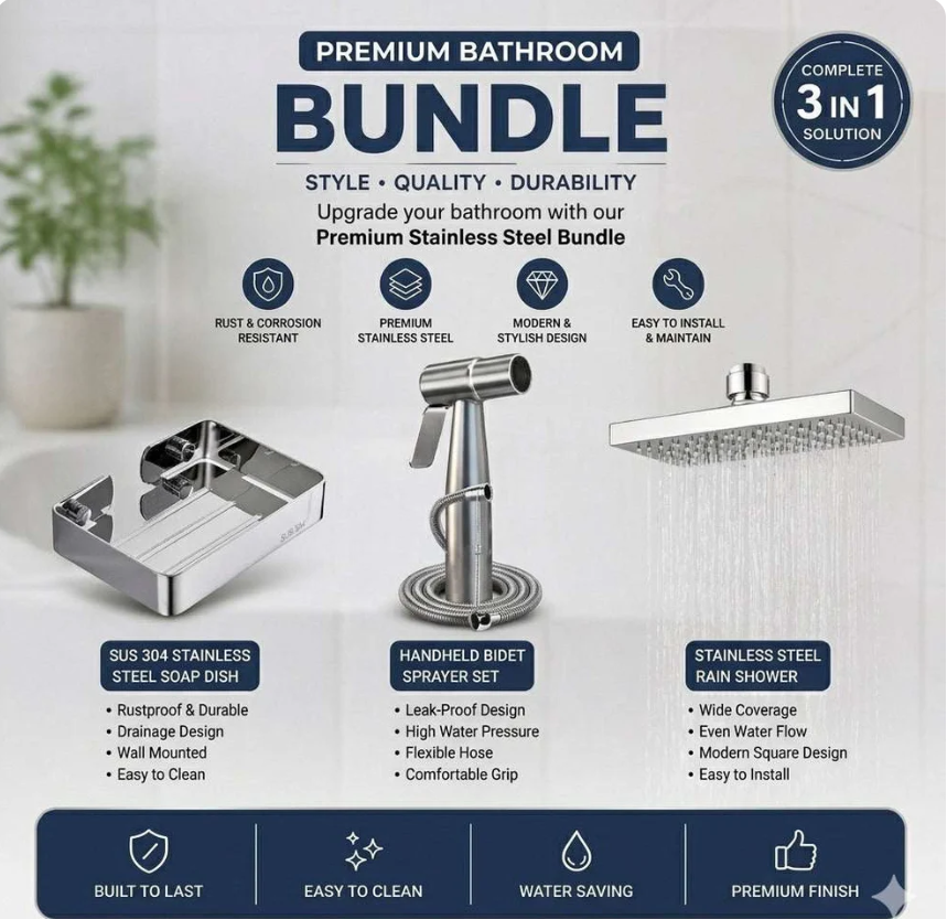 Mega Bath Combo - Muslim Shower set-overhead rain shower & stainless steel soap dish